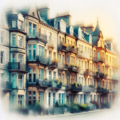Naklejka premium A row of traditional European-style buildings with bay windows and balconies lines a street