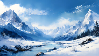 A vast snowy mountain landscape with a winding path, rendered in a watercolor style with a bright blue sky