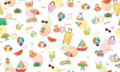 Trendy summer vacation travel seamless pattern, summer vacation, holidays, beach, flower, boat, design for fashion, fabric, textile, paper, wrapping for all print,
umbrella, boat, coconut