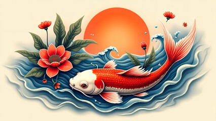 Vibrant Koi Fish with Lotus Flowers and Sun