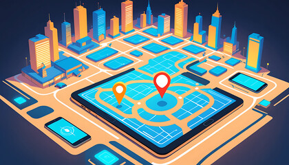 Futuristic Geolocation Map with AI Technology and Glowing Pin for Business Logistics

