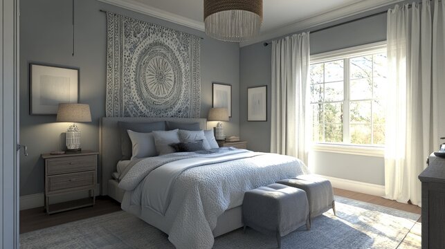 Elegant boho-chic bedroom setup with hanging tapestry, soft textiles, and neutral modern lighting