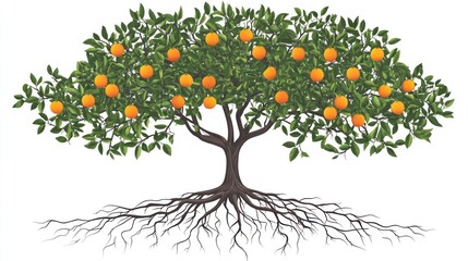 Abundant orange tree, ripe fruit, exposed roots, white background, healthy growth, agriculture