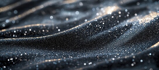 Black wave - like textures with silver sparkles on a black background, evoking a sense of modern elegance and mystery.