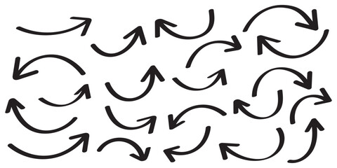 Various bold brush drawn curved arrows. Collection doodle marker thick arrows in different directions. Hand drawn vector direction pointers. Curved and wavy brush strokes with scratches. Hand drawn 