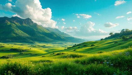 Obraz premium Rolling Green Hills And Majestic Mountains Under A Blue Sky With Clouds
