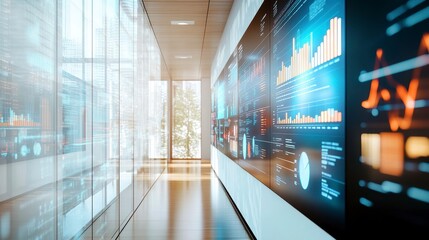 Modern office hallway with large digital display showing data analytics and graphs.