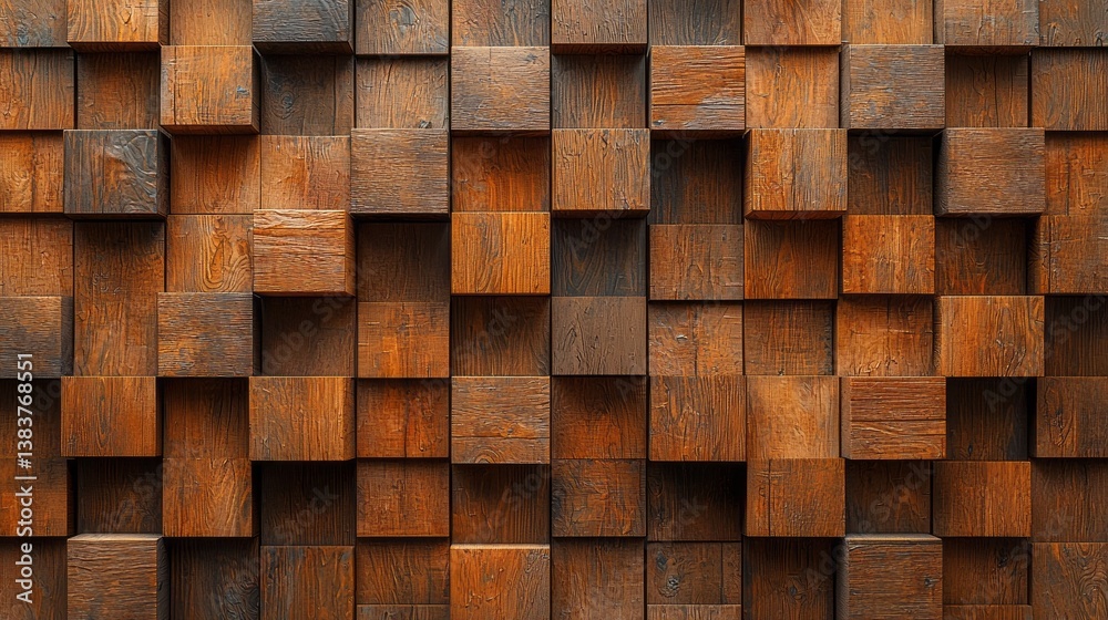 Poster Richly textured wooden blocks arranged in a captivating pattern fill the backdrop. The warm brown tones evoke a cozy atmosphere, suitable for modern or rustic decor