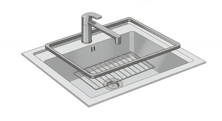 Clean minimalist kitchen sink rendering with faucet and grid drainer isolated
