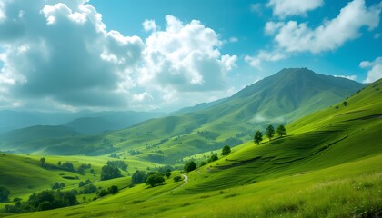 Fototapeta premium Lush Green Hills And Mountains Under A Cloudy Sky Peaceful Landscape Photography