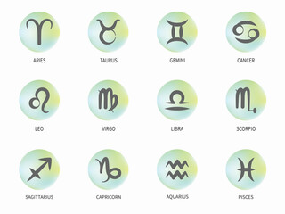 Zodiac signs icon set. Isolated horoscope zodiac symbols, Aries, Taurus, Gemini, Cancer, Leo, Virgo, Libra, Scorpio, Sagittarius, Capricorn, Aquarius, and Pisces. Zodiac astrology vector illustration,