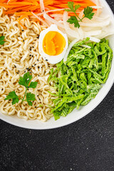 Vegan bowl noodles vegetable salad tasty fresh budda bowl gourmet food background table rustic food top view copy 