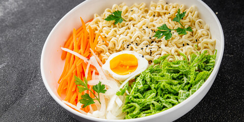 Vegan bowl noodles vegetable salad tasty fresh budda bowl gourmet food background table rustic food top view copy 