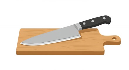 Sleek kitchen knife gracefully resting on a natural wooden cutting board