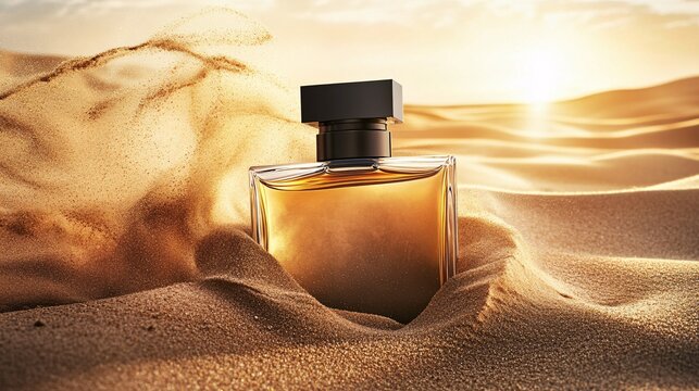 Luxury perfume bottle in golden desert sand aesthetic photography