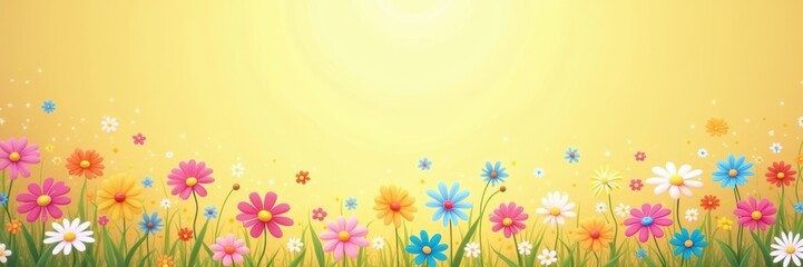 Naklejka premium Vibrant field of colorful flowers against a sunny yellow background, evoking joy and beauty, perfect for spring and floral-themed designs.