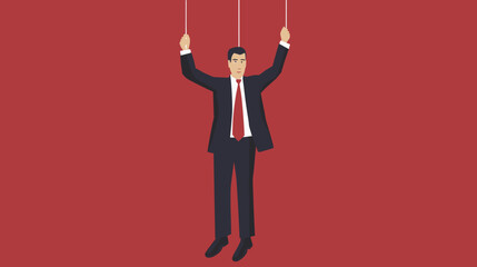 Marionette businessman hanging on strings over red background
