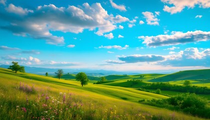 Fototapeta premium Lush Green Hills And Meadows Under A Blue Sky With Clouds,A Peaceful Landscape