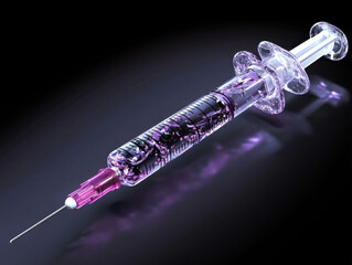 Translucent Syringe with Purple Liquid on Dark Background