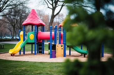 blurred out-of-focus photograph of a children’s playground in a public park.