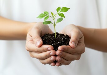 Hands holding soil small green