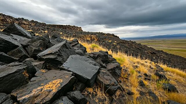 A rugged pile of volcanic tuff and basalt rock, highlighting their unique porous and layered formations formed over millions of years.