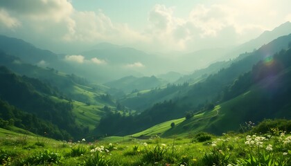 Fototapeta premium Serene Green Mountain Valley With Wildflowers And Overcast Sky Creating A Peaceful Scenic Landscape