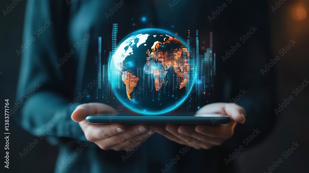 Poster Woman holding tablet displaying a digital globe with data streams.