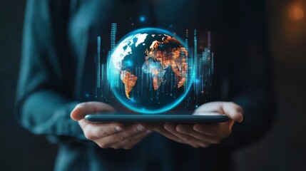 Woman holding tablet displaying a digital globe with data streams.