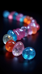 A vibrant assortment of colorful gel beads arranged artistically on a dark surface, showcasing their translucent beauty and varied shapes.