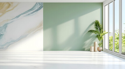 Modern Empty Room With Marble Wall And Green Accents