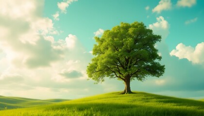 Green Tree Standing Tall On Rolling Hills Under A Cloudy Blue Sky Depicting Serenity And Natural Beauty