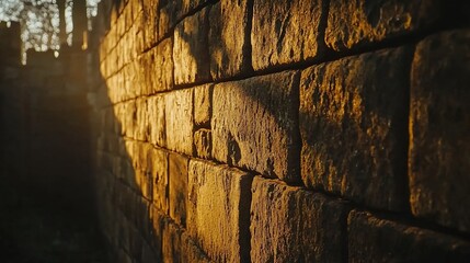 Stone wall bathed in golden sunlight