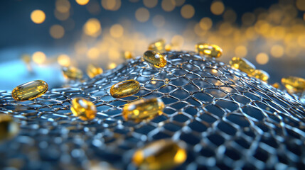 Yellow Capsules on Dark Blue Mesh Network Abstract Medical Background