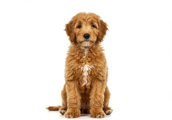 Adorable fluffy goldendoodle puppy sitting