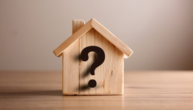 Wooden house model with question mark. Mortgage or rent decision. Uncertainty concept.