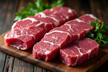 Fresh raw beef steak resting on a rustic wooden cutting board. The composition and creating a natural, farm-to-table aesthetic. Ideal for use in culinary, restaurant, or butchery-related projects