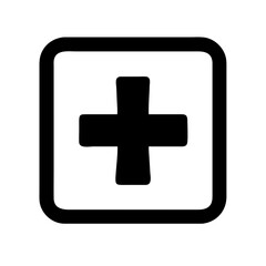 Obraz premium Vector icon, sign of plus, cross inside a square on transparent background. Symbol of medical cross, add or new.