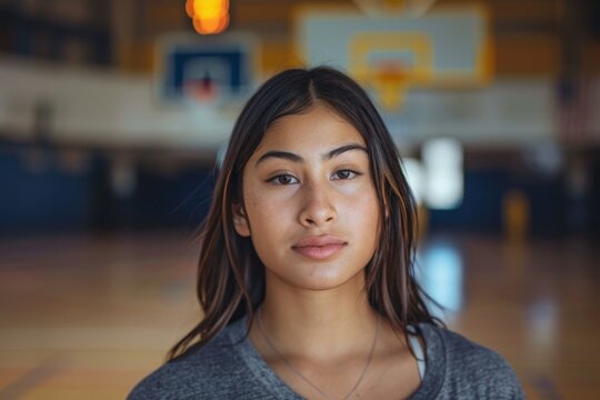 Portrait of a young Hispanic woman in indoor basketball court