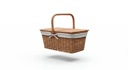 Classic Wicker Picnic Basket with Gingham Accent on a Clean White Backdrop