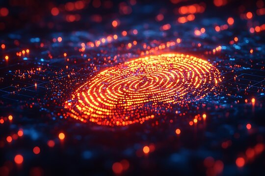 A futuristic security key embedded in a glowing biometric fingerprint scanner, neon cyber grid background, ultra-high detail, realistic reflections, cybernetic textures - Powered by Adobe