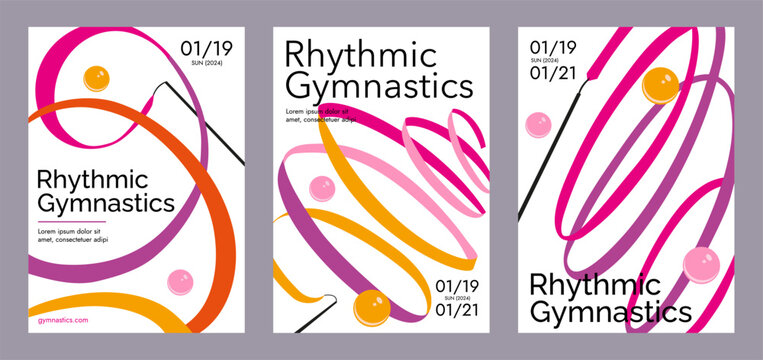 Bright colorful set of minimalistic rhythmic gymnastics posters depicting a composition with a swirling, waving ribbon and balls, close up. Trendy vector concept sport design 