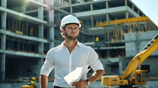 A young male architect in a white shirt and safety helmet walks across an active construction site, consulting his blueprint as workers operate machinery in the background.