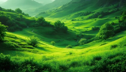 Obraz premium Lush Green Hills Rolling Landscape In Summer Season With Bright Colors Serene Nature View