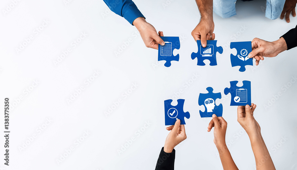 Poster a dynamic scene showcasing diverse hands assembling blue puzzle pieces, each adorned with icons that