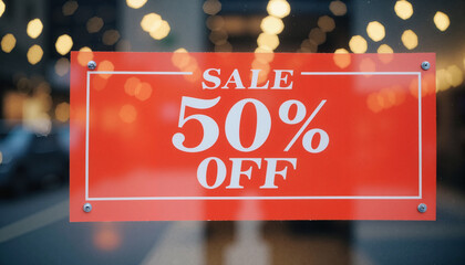 Promotional "Sale 50% Off" banner in store window, marketing excitement