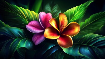 Obraz premium Tropical Bloom: A Pair of Vibrant Flowers in Pink and Orange, Nestled Among Lush Green Leaves