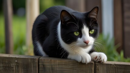 Green-eyed black and white cat leaning over a fence with its head tilted and its paw hanging