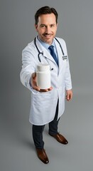 Smiling Doctor Holding Pill Bottle with Blank Label for Medical Treatment