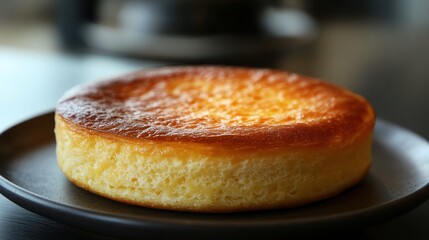 Round cake on dark plate in cafe